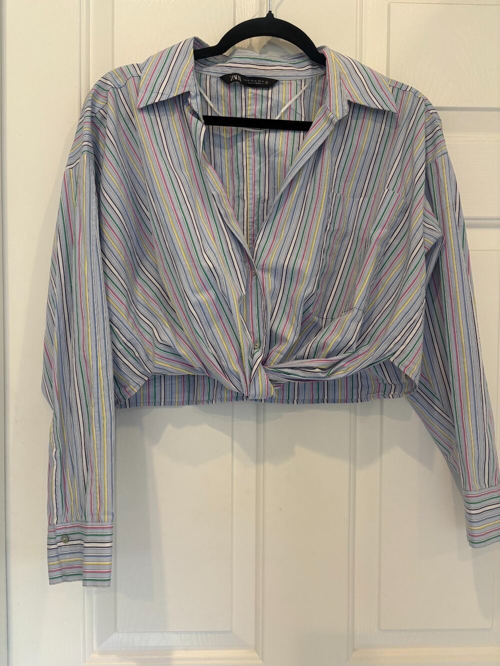 ZARA Striped Knotted Poplin Shirt Cropped Multi-Color Button Up Blue Pink XS 0-4